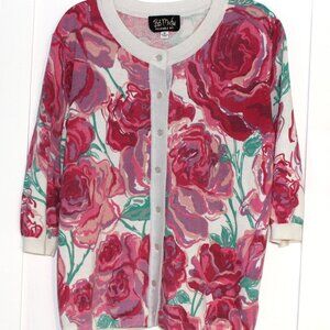 Bob Mackie's Wearable Art Floral Sweater Women's Cardigan 3/4 Quarter Sleeves -M